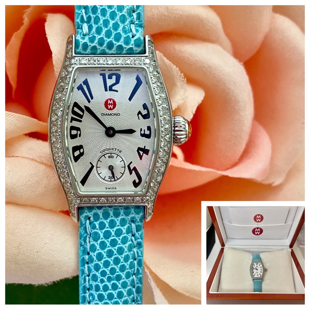Authentic Michele Coquette Diamond Bezel Art Deco Style Watch Box Lizard Band